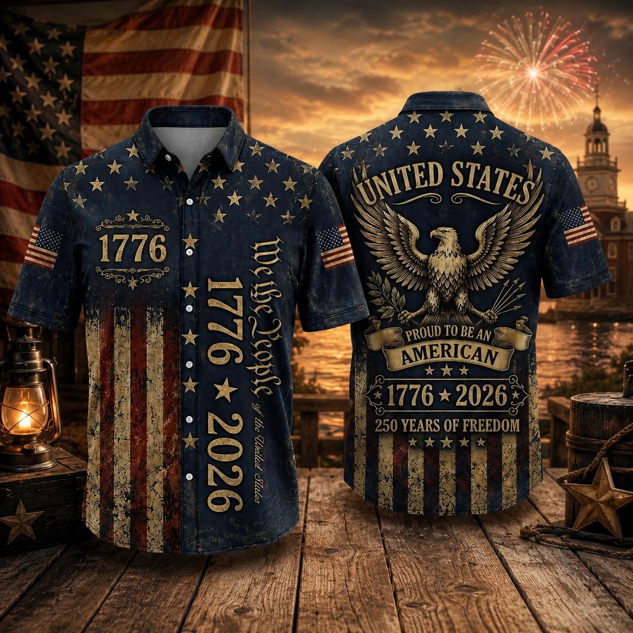 1776–2026 American Eagle Hawaiian Shirt, 250th Anniversary USA Shirt, Proud To Be An American Button Up, Patriotic Independence Day Gift