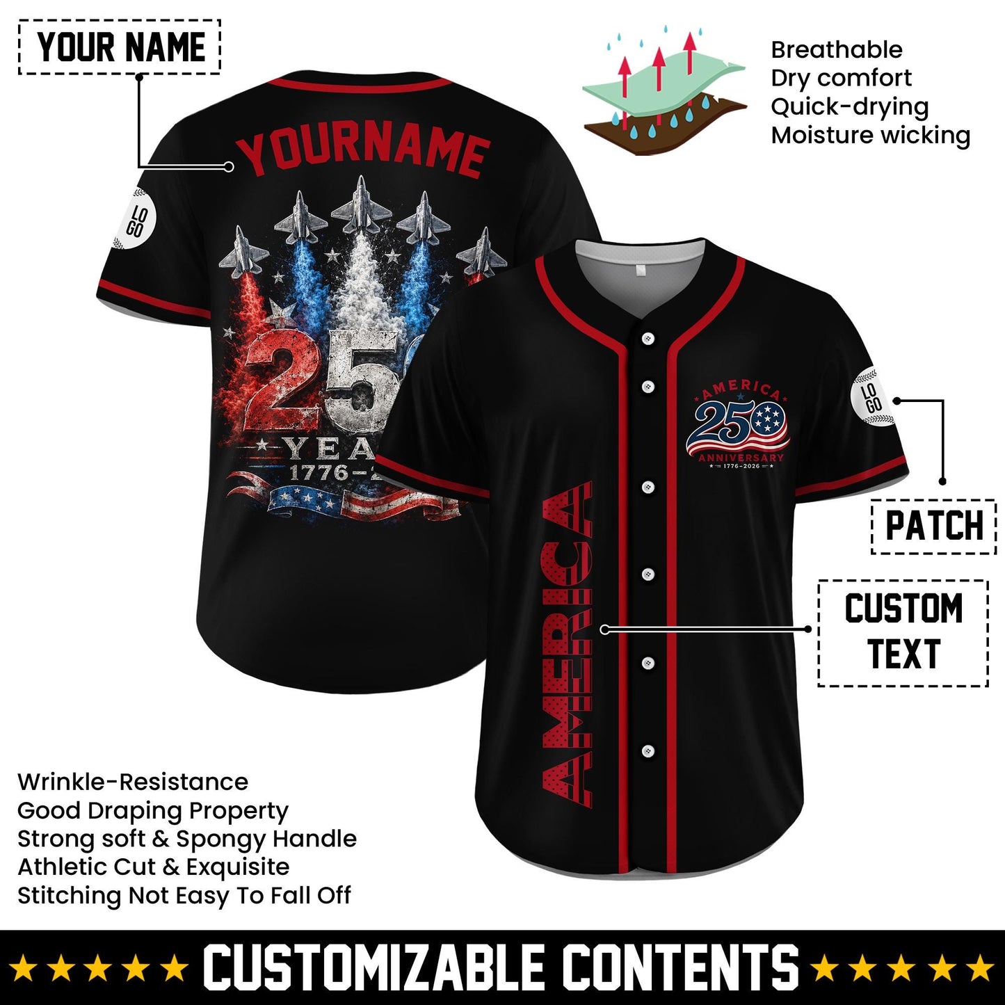 Personalized USA 250th Baseball Jerseys for Men, Custom USA 250 Baseball Jersey with Name Button Down Shirt for July 4th Celebration