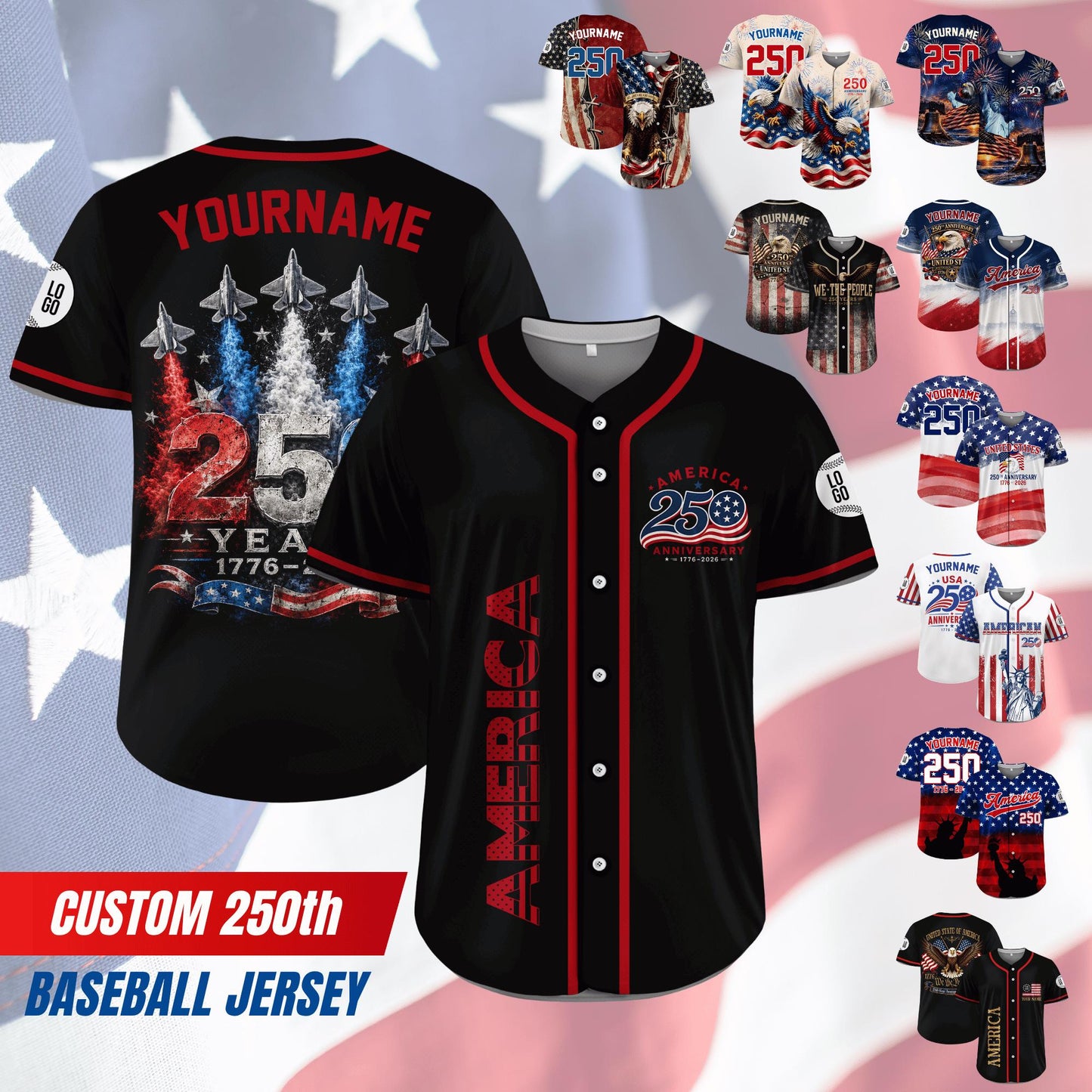 Personalized USA 250th Baseball Jerseys for Men, Custom USA 250 Baseball Jersey with Name Button Down Shirt for July 4th Celebration