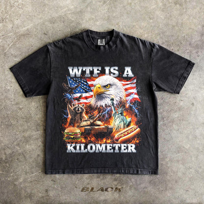 WTF Is A Kilometer Shirt Funny Patriotic USA Eagle Graphic Tee Vintage American Meme T Shirt 4th Of July Retro Unisex Independence Day Gift