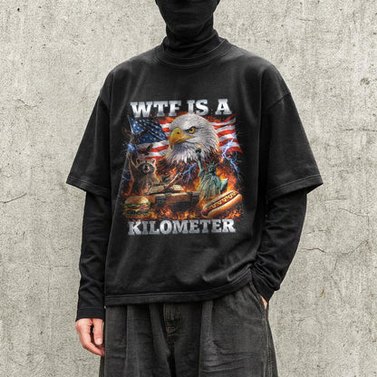 WTF Is A Kilometer Shirt Funny Patriotic USA Eagle Graphic Tee Vintage American Meme T Shirt 4th Of July Retro Unisex Independence Day Gift