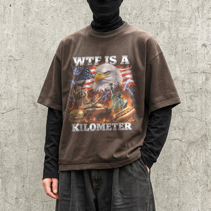 WTF Is A Kilometer Shirt Funny Patriotic USA Eagle Graphic Tee Vintage American Meme T Shirt 4th Of July Retro Unisex Independence Day Gift