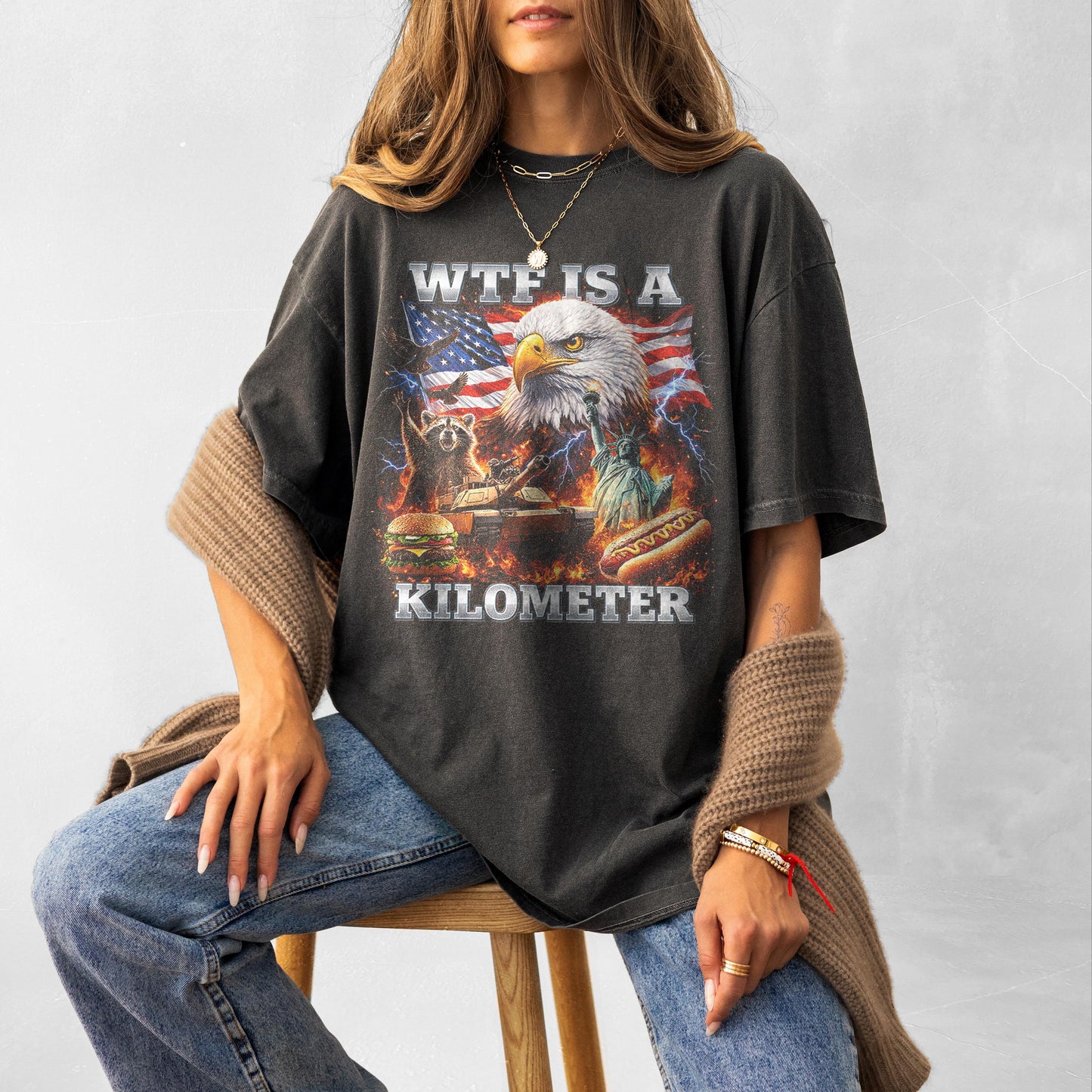 WTF Is A Kilometer Shirt Funny Patriotic USA Eagle Graphic Tee Vintage American Meme T Shirt 4th Of July Retro Unisex Independence Day Gift