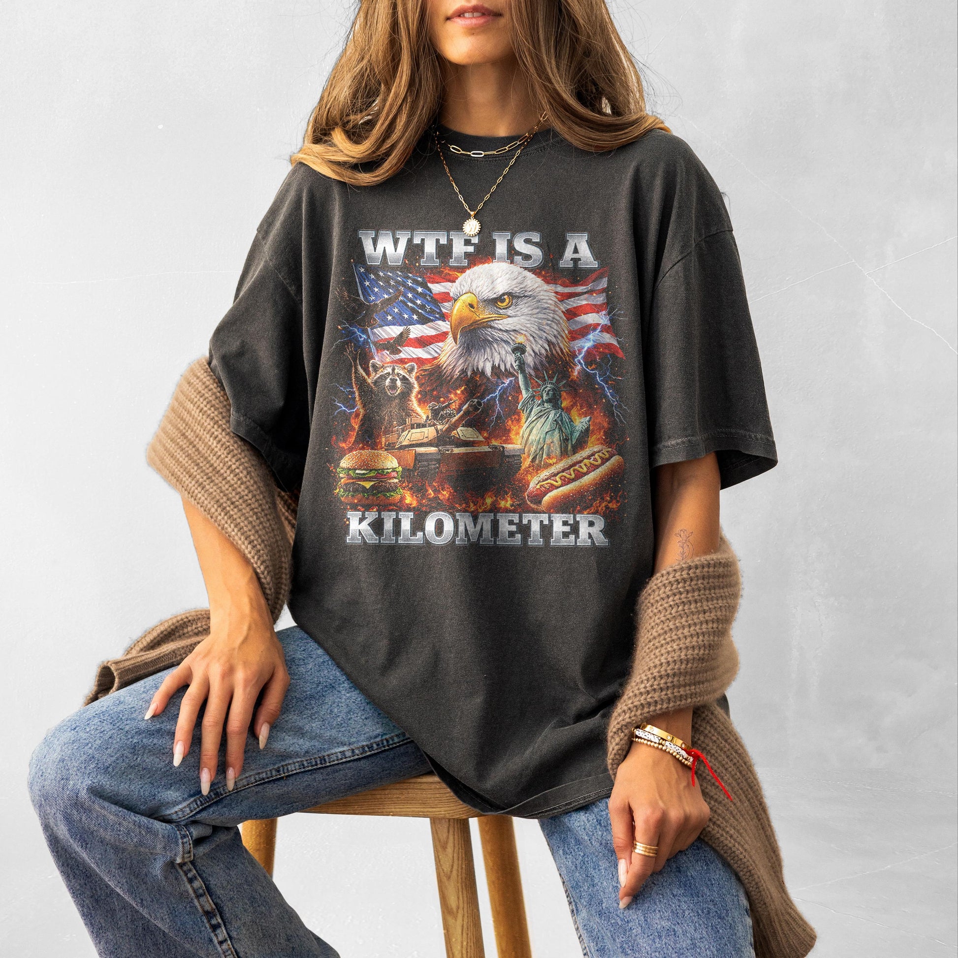 WTF Is A Kilometer Shirt Funny Patriotic USA Eagle Graphic Tee Vintage American Meme T Shirt 4th Of July Retro Unisex Independence Day Gift