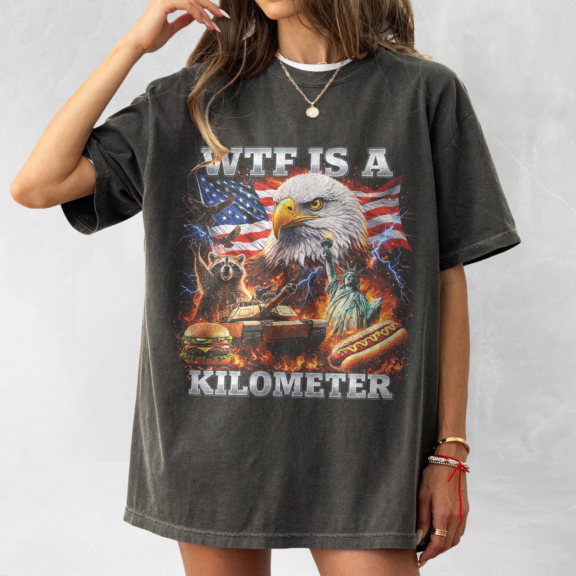 WTF Is A Kilometer Shirt Funny Patriotic USA Eagle Graphic Tee Vintage American Meme T Shirt 4th Of July Retro Unisex Independence Day Gift