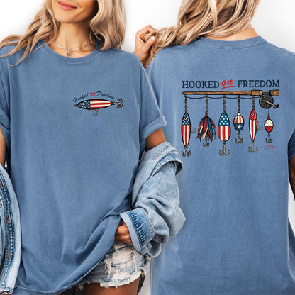 Hooked On Freedom Fishing Shirt, Patriotic Fishing Tee, 4th Of July Fisherman Shirt, USA Bass Fishing Comfort Colors Shirt