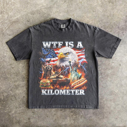 WTF Is A Kilometer Shirt Funny Patriotic USA Eagle Graphic Tee Vintage American Meme T Shirt 4th Of July Retro Unisex Independence Day Gift