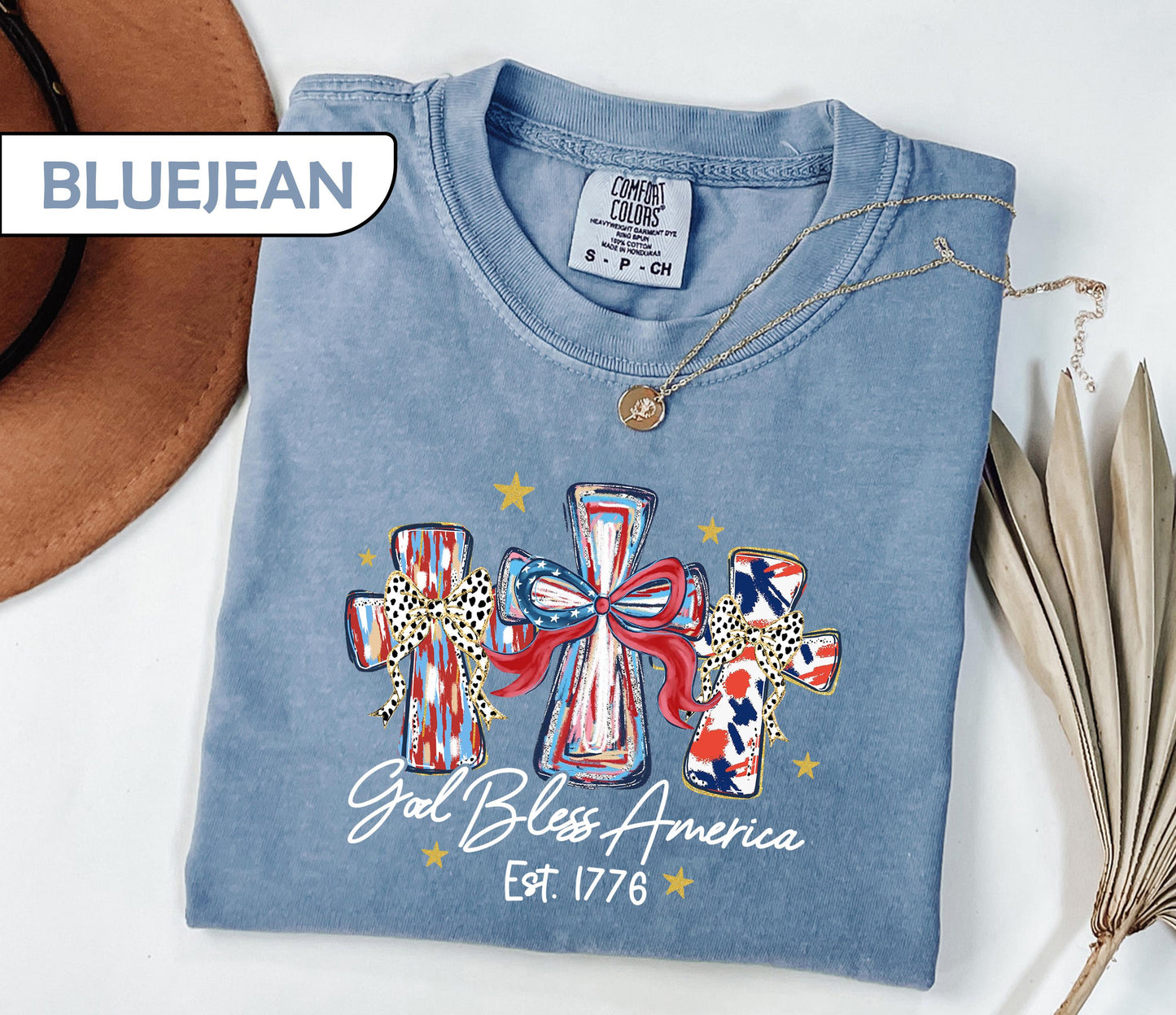 Comfort Colors® Patriotic Christian Shirt, God Bless America 1776 Tee, 4th of July Cross T-Shirt, USA 250th Anniversary, Independence Day