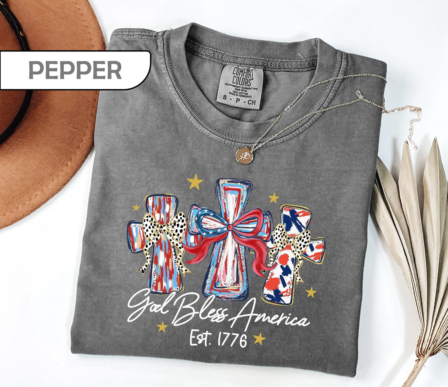 Comfort Colors® Patriotic Christian Shirt, God Bless America 1776 Tee, 4th of July Cross T-Shirt, USA 250th Anniversary, Independence Day