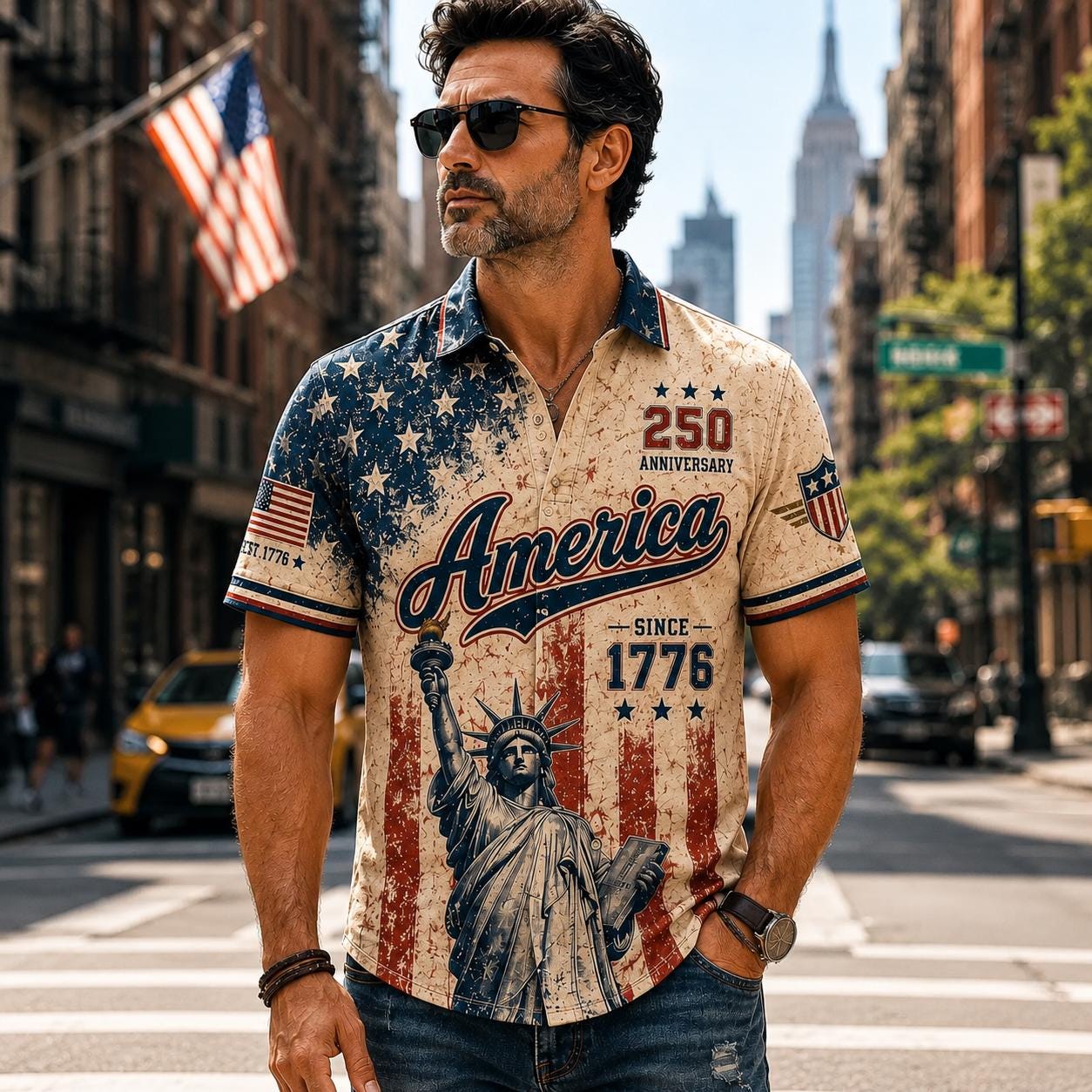 Vintage America 250th Anniversary Button Up Shirt, Patriotic Eagle Independence Day USA 1776 2026 Distressed Hawaiian Shirt,4th of July Gift