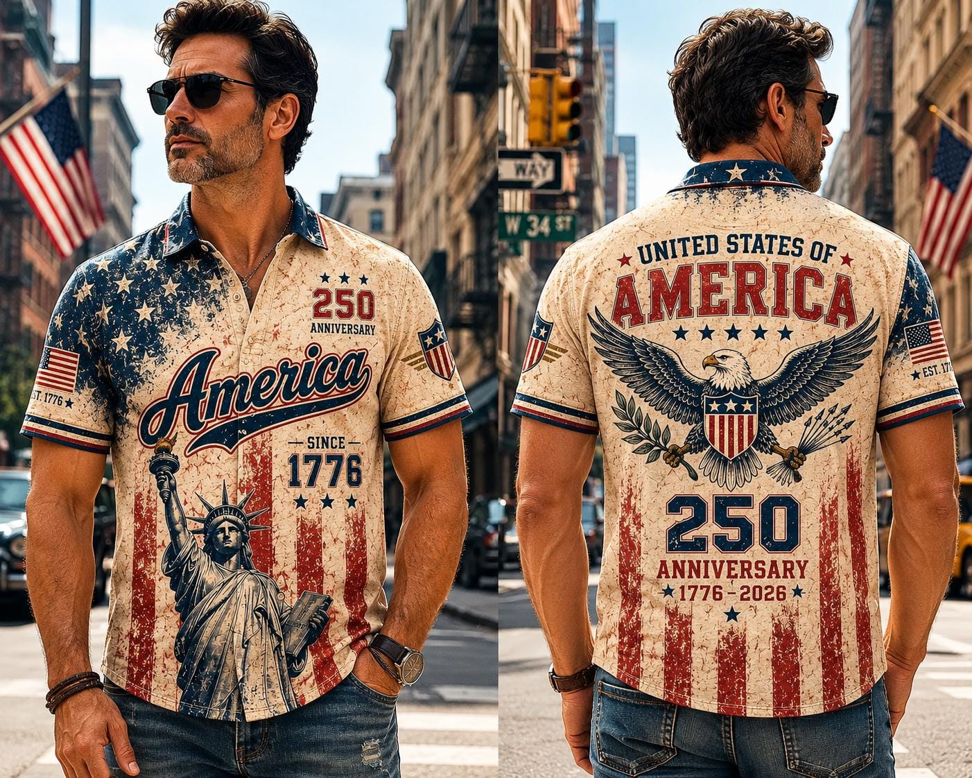 Vintage America 250th Anniversary Button Up Shirt, Patriotic Eagle Independence Day USA 1776 2026 Distressed Hawaiian Shirt,4th of July Gift