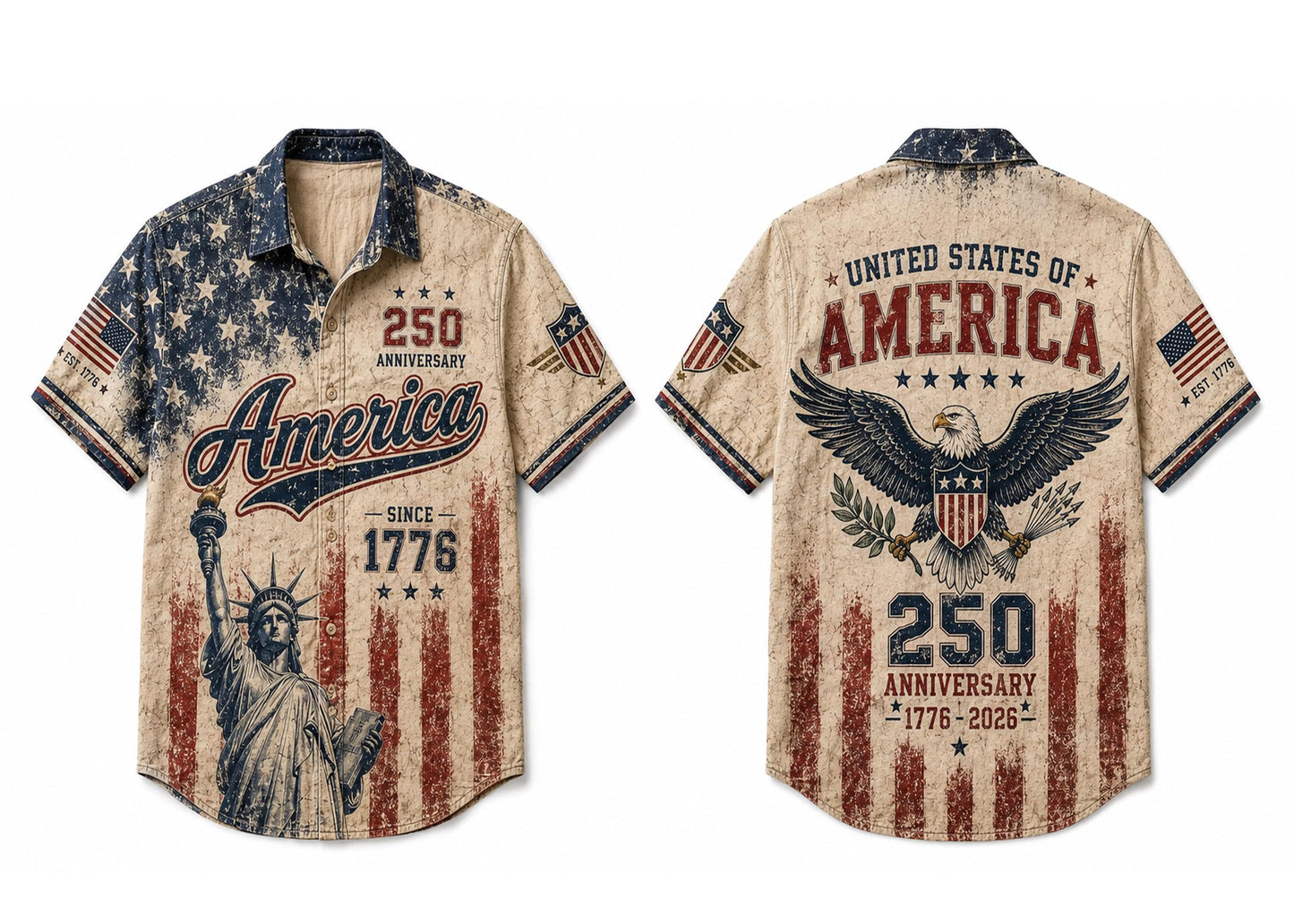 Vintage America 250th Anniversary Button Up Shirt, Patriotic Eagle Independence Day USA 1776 2026 Distressed Hawaiian Shirt,4th of July Gift