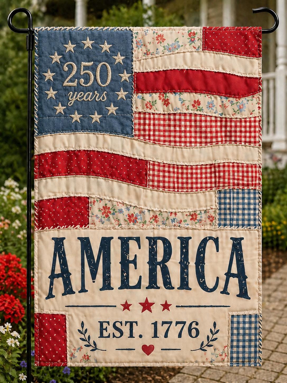 250 Years America Faux Patchwork Garden Flag, Vintage Patriotic Quilt Betsy Ross Flag, Americana Est 1776 Decor