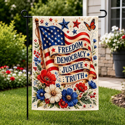 Subtle Anti DT Garden Flag, Freedom Democracy Justice Truth USA Flag, Floral Political Yard Decor