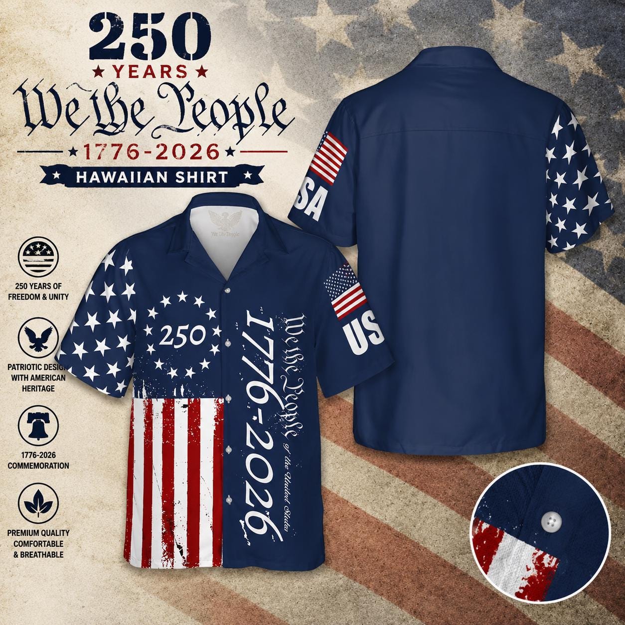 250 Years We The People Hawaiian Shirt, 1776-2026 Patriotic USA Shirt, American Flag Aloha Shirt, Independence Day Gift for Men