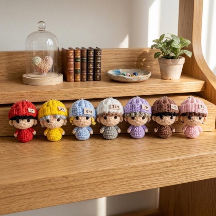 Kpop Band Crochet Doll Keychain Set, Handmade Kpop Band Plush Mini Dolls, Cute Members of KPop Group Gift, Fanmade Keyring Accessories