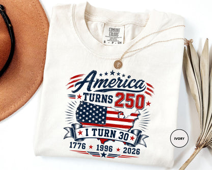 Custom America Turns 250 I Turn 50 T-Shirt, Birthday Patriotic USA 1776-2026 Tee, 50th Milestone Birthday Gift for Men Women