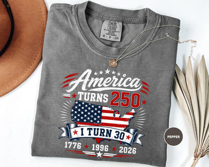 Custom America Turns 250 I Turn 50 T-Shirt, Birthday Patriotic USA 1776-2026 Tee, 50th Milestone Birthday Gift for Men Women