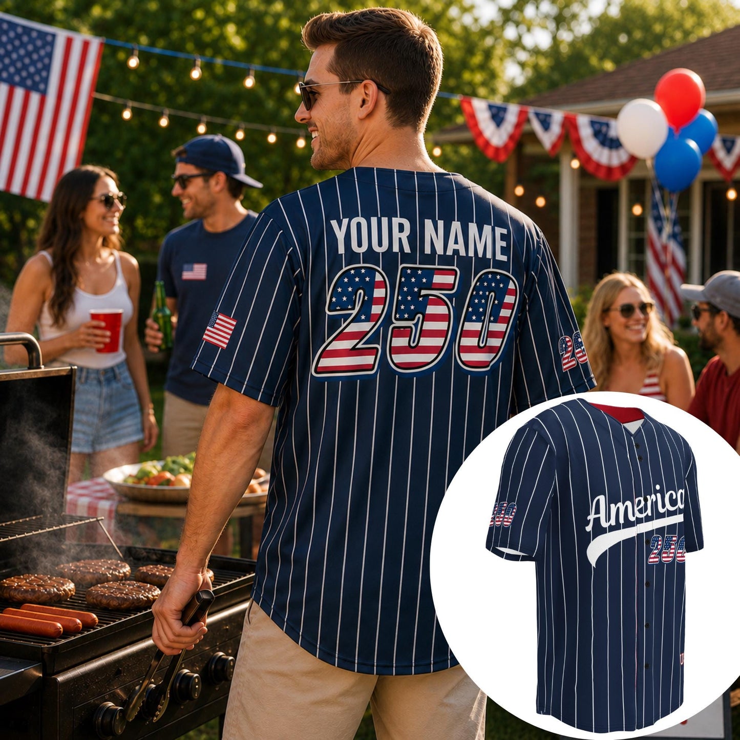 Personalized USA 250th Baseball Jersey, Red White and Blue, Custom Patriotic Shirt, Independence Day Apparel, 4th of July