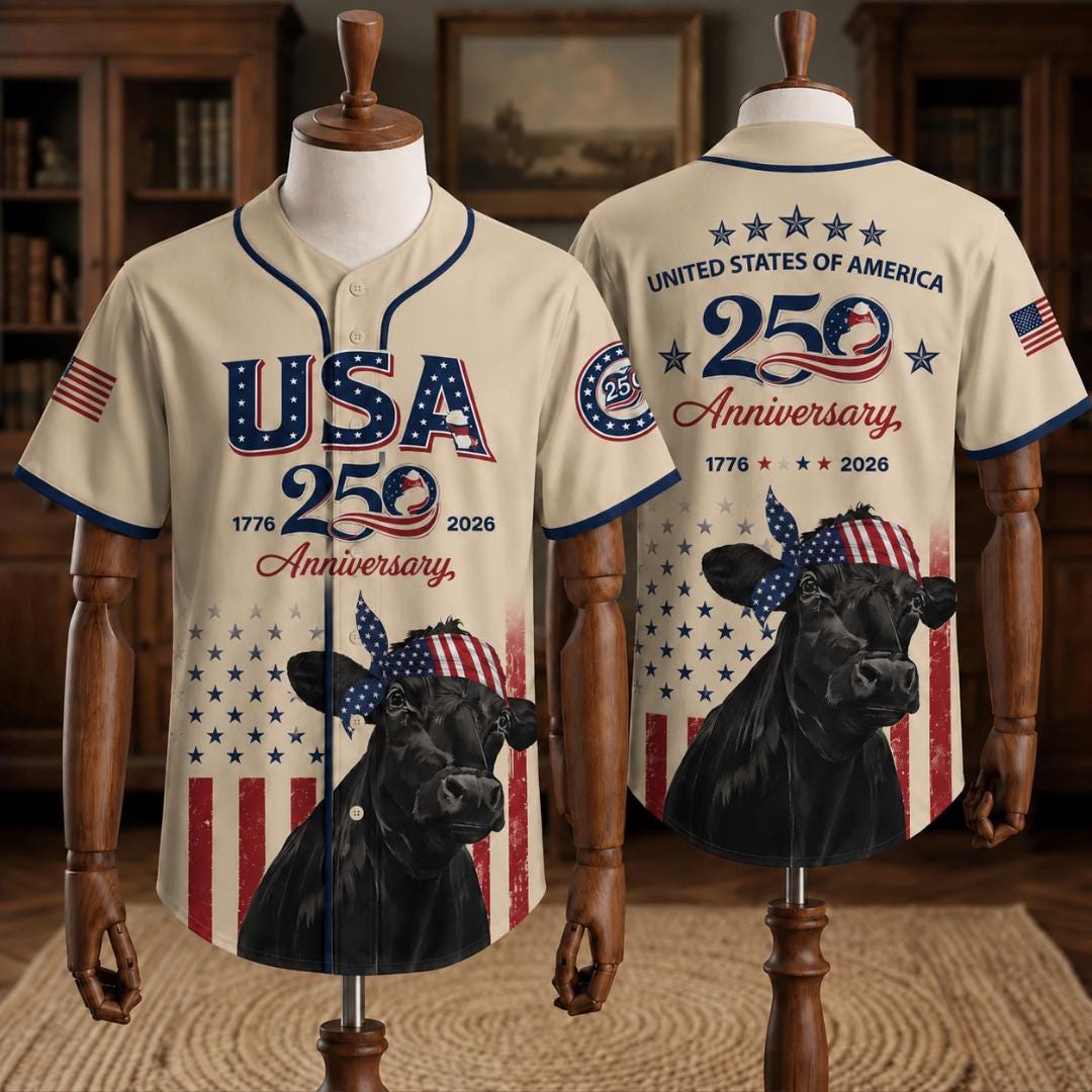 USA 250 Anniversary Black Angus Baseball Jersey, Patriotic Cattle Farmer Shirt, 1776–2026 July 4th, Patriotic Gift