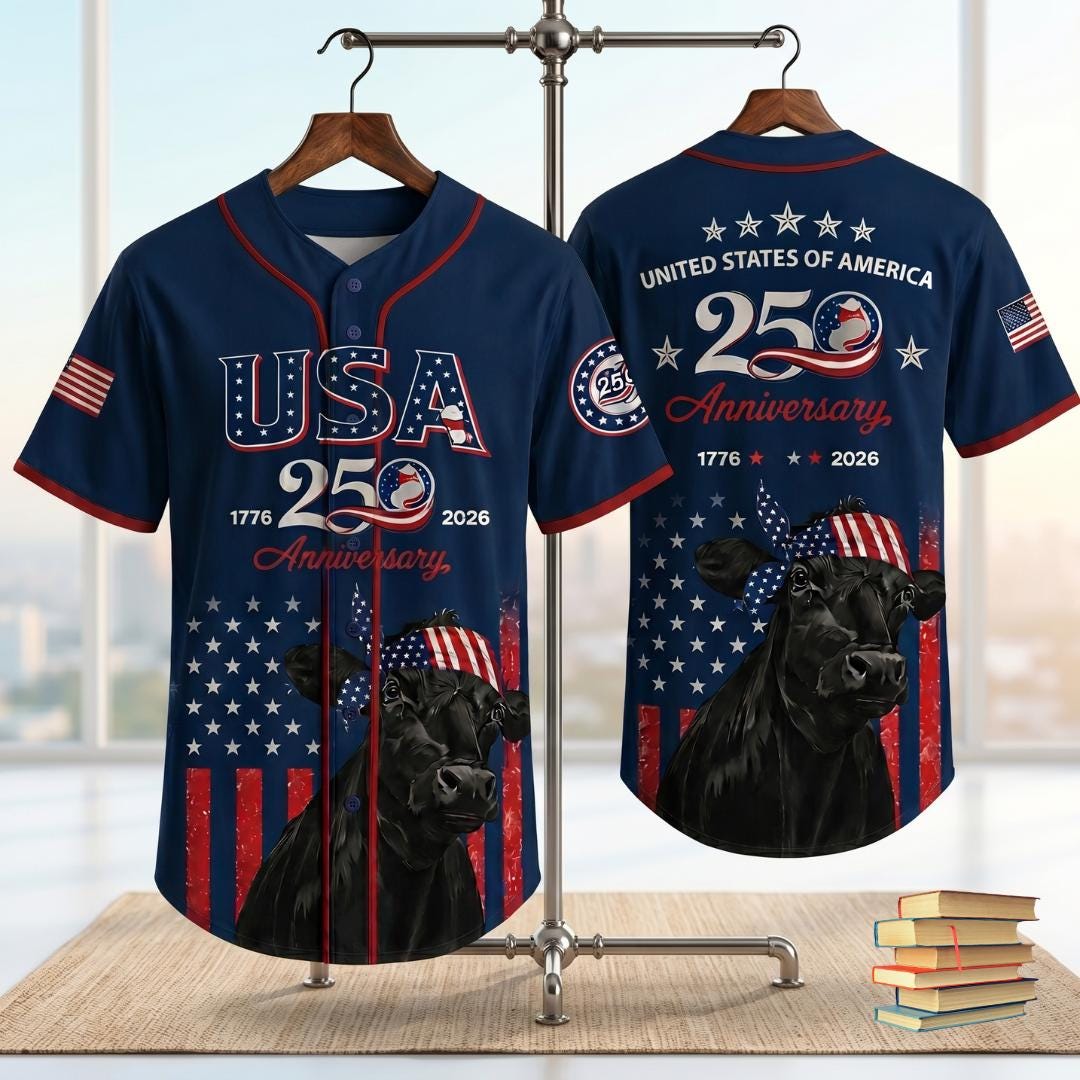 USA 250 Anniversary Black Angus Baseball Jersey, Patriotic Cattle Farmer Shirt, 1776–2026 July 4th, Patriotic Gift
