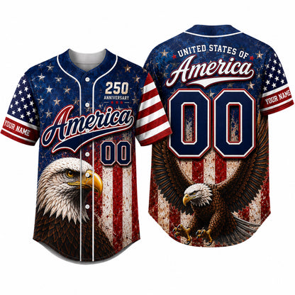 Personalized America Patriotic 250th Anniversary Baseball Jersey Shirt, Vintage American Gift for Him