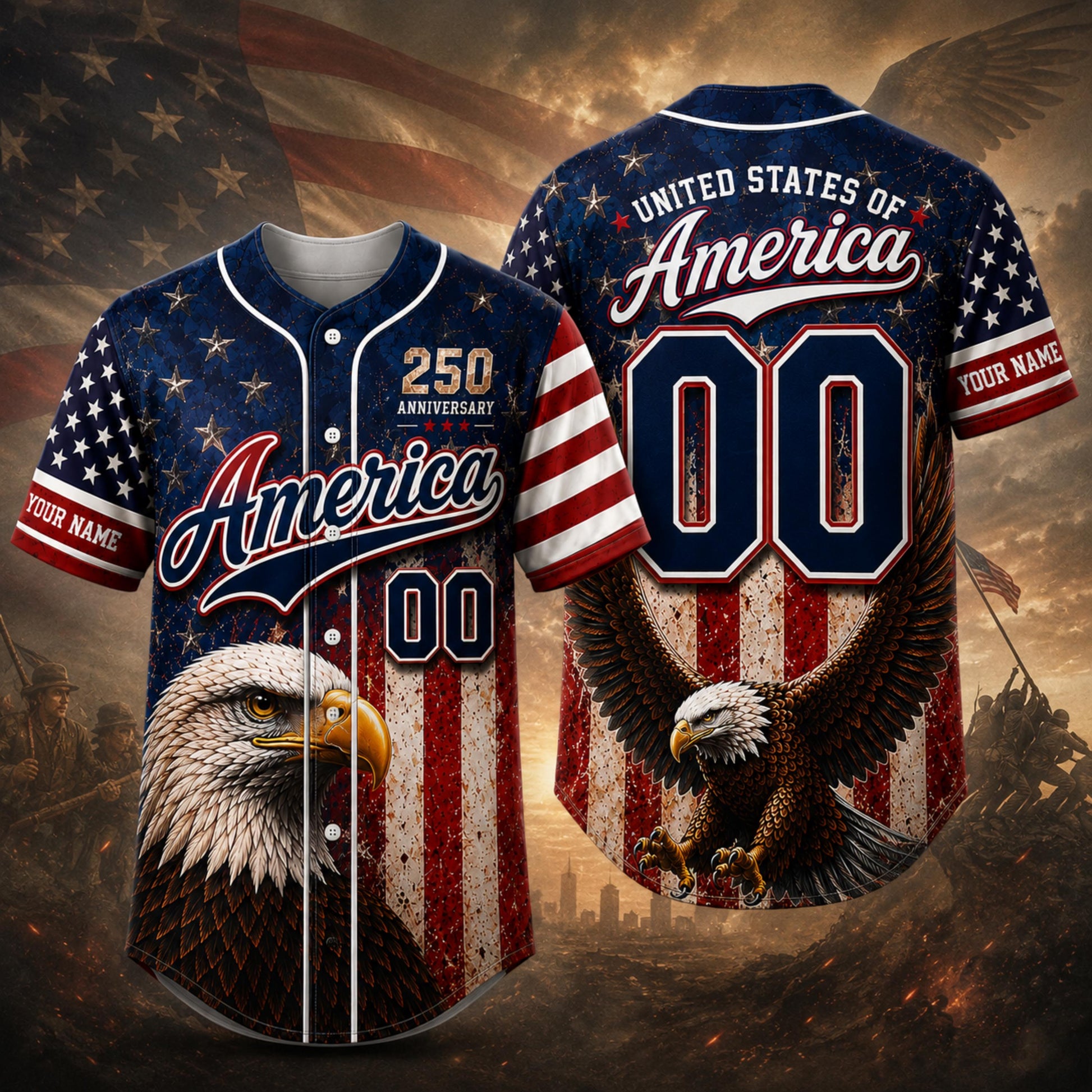 Personalized America Patriotic 250th Anniversary Baseball Jersey Shirt, Vintage American Gift for Him
