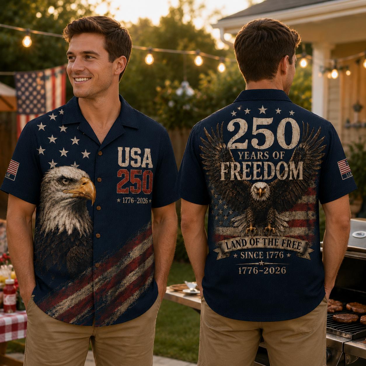 Personalized America 250 Hawaiian Shirt, 1776 2026 Patriotic Eagle Button Down 250 Years of Freedom Aloha Shirt