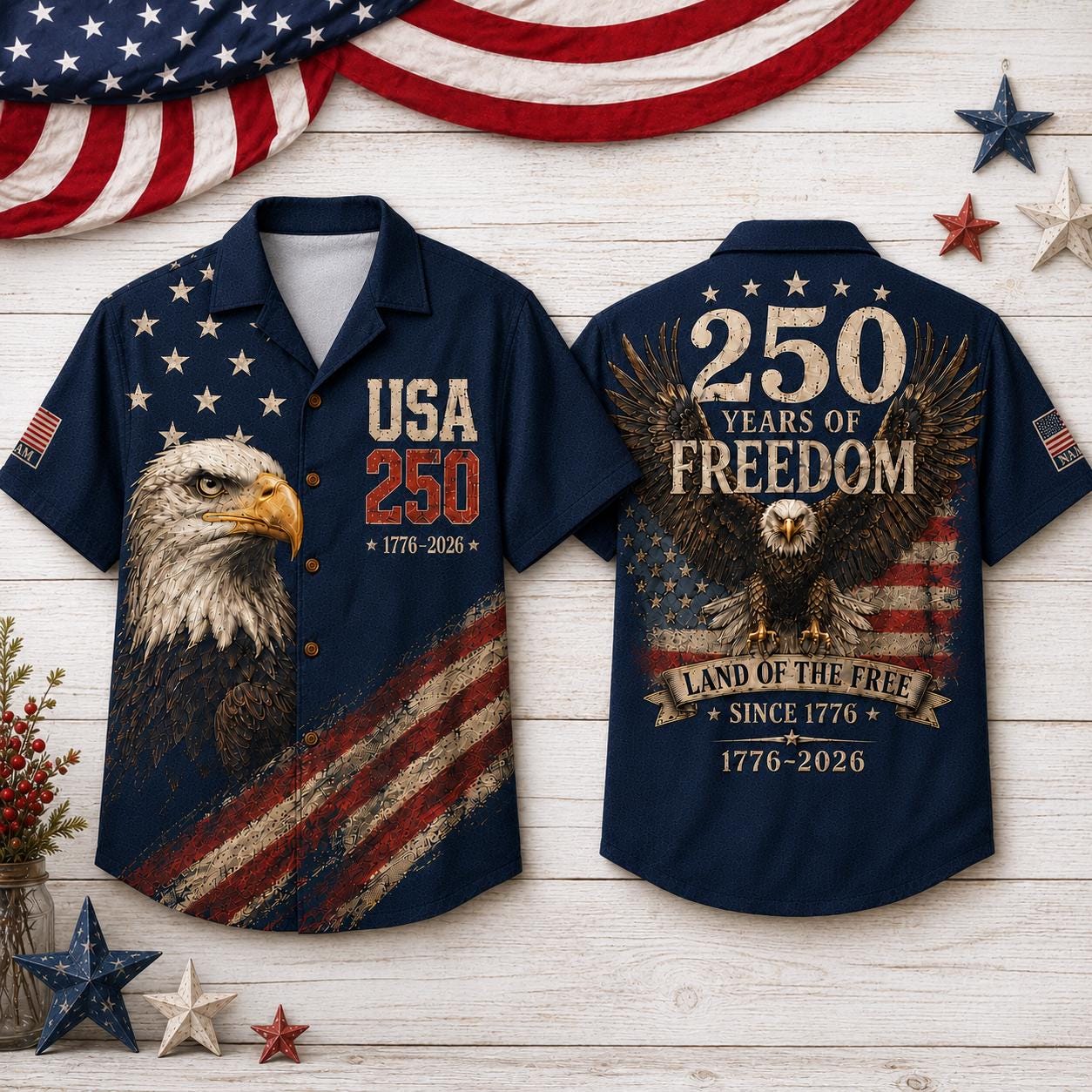 Personalized America 250 Hawaiian Shirt, 1776 2026 Patriotic Eagle Button Down 250 Years of Freedom Aloha Shirt