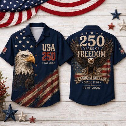 Personalized America 250 Hawaiian Shirt, 1776 2026 Patriotic Eagle Button Down 250 Years of Freedom Aloha Shirt