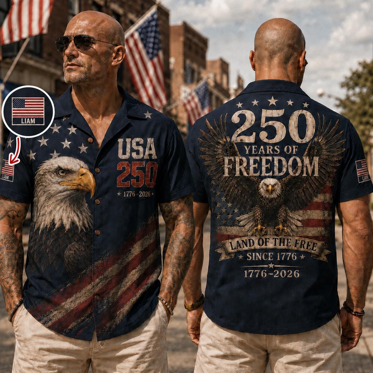 Personalized America 250 Hawaiian Shirt, 1776 2026 Patriotic Eagle Button Down 250 Years of Freedom Aloha Shirt
