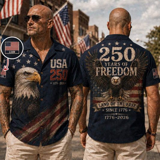 Personalized America 250 Hawaiian Shirt, 1776 2026 Patriotic Eagle Button Down 250 Years of Freedom Aloha Shirt