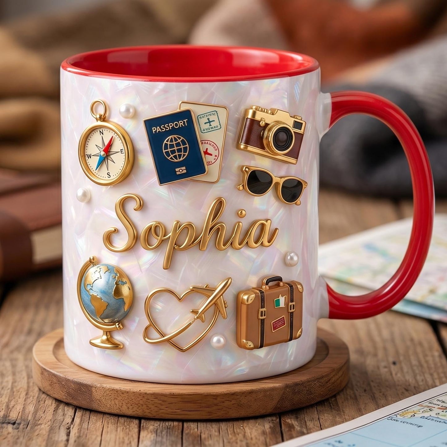 Personalized Travel Mug with Name, Wanderlust Coffee Mug, Traveler Gift for Her, Custom World Map Mug, Vacation Lover Mug