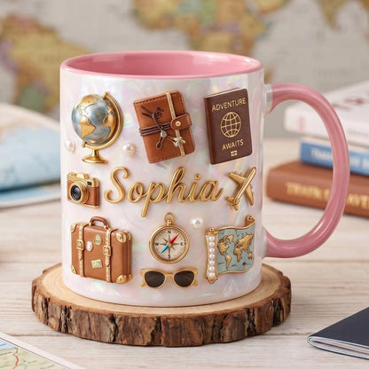 Personalized Travel Mug with Name, Wanderlust Coffee Mug, Traveler Gift for Her, Custom World Map Mug, Vacation Lover Mug