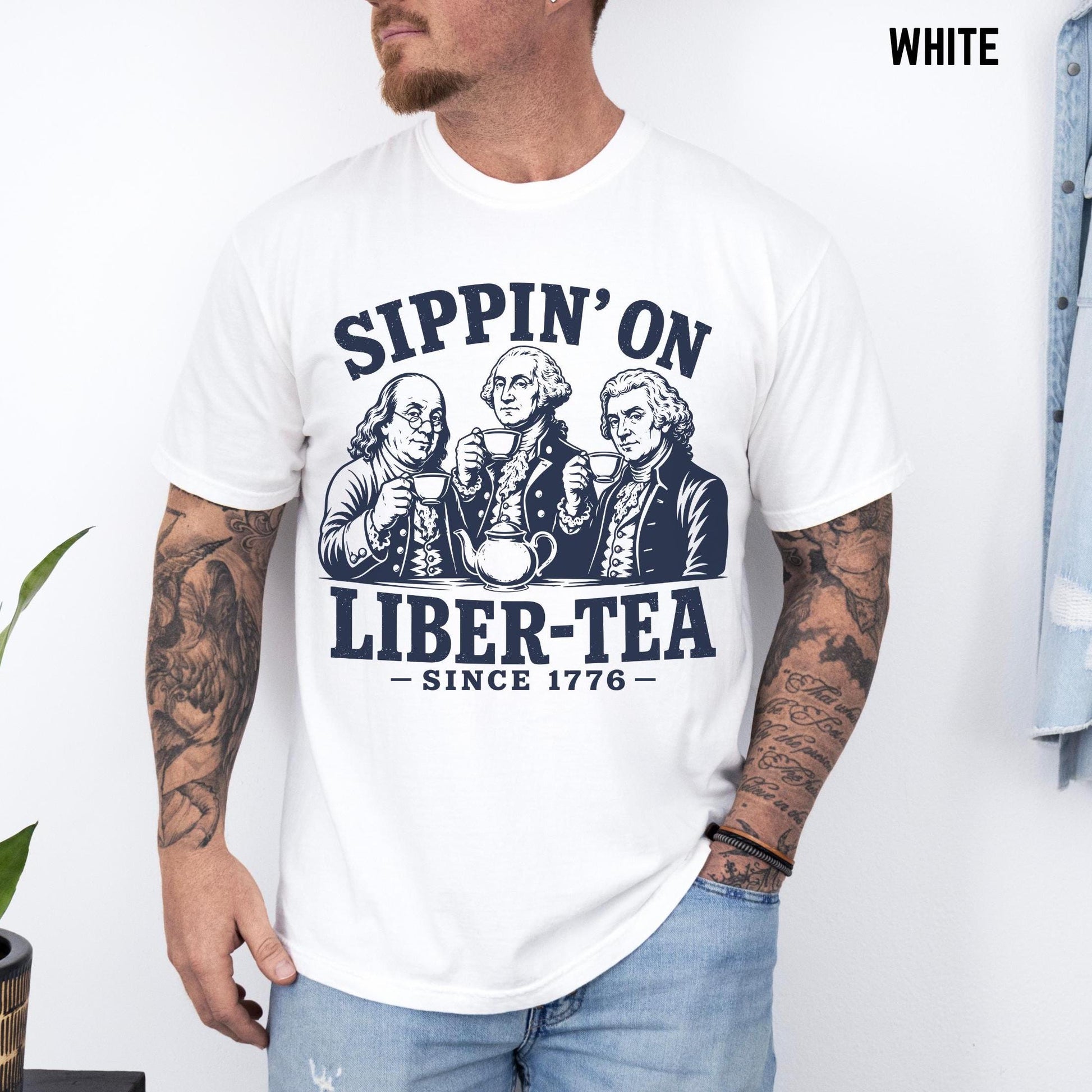 George Washington Sippin On Liber-Tea T-Shirt, Funny Patriotic Tea Party Shirt, 4th of July Tee, Founding Fathers T Shirt, Liberty Pun Tee