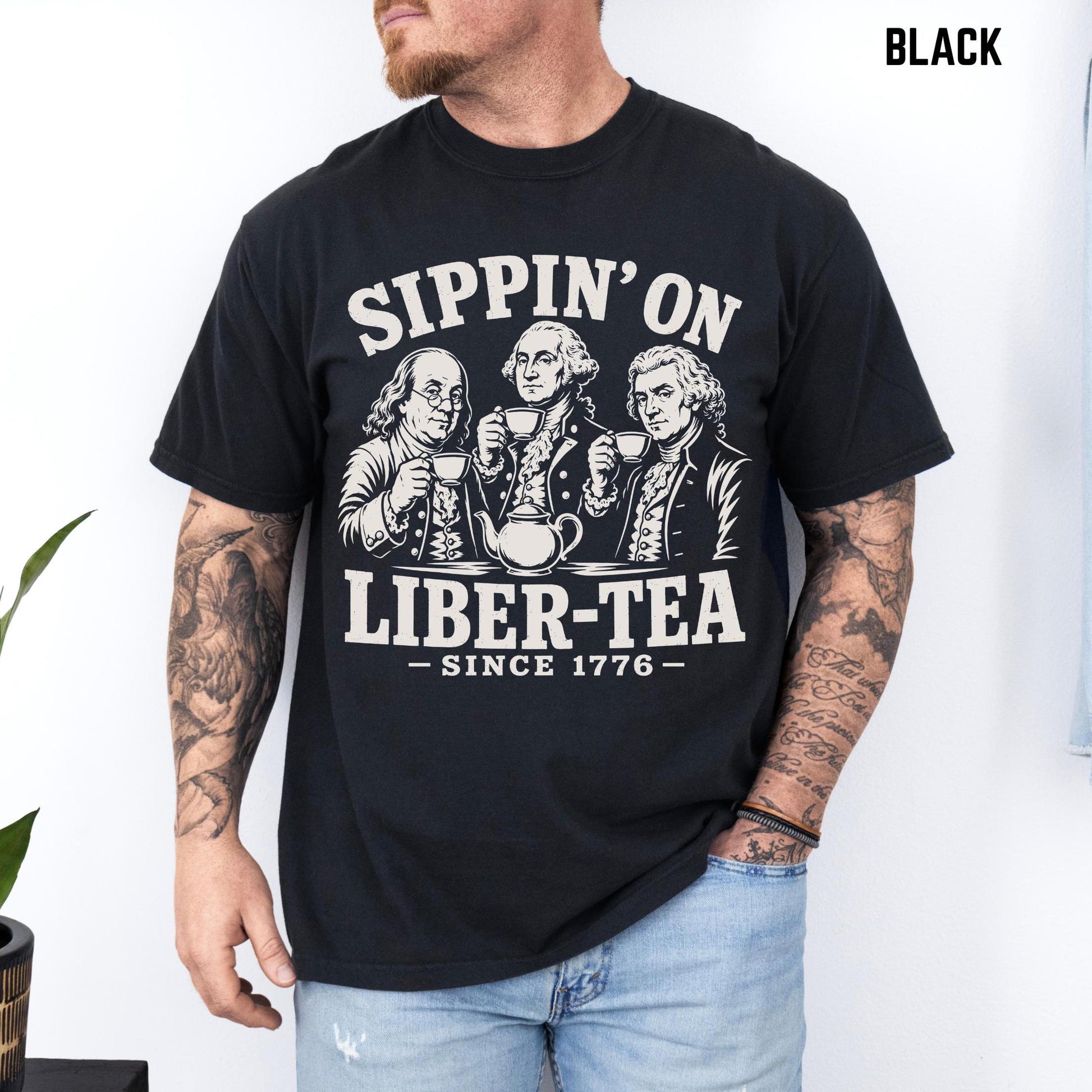 George Washington Sippin On Liber-Tea T-Shirt, Funny Patriotic Tea Party Shirt, 4th of July Tee, Founding Fathers T Shirt, Liberty Pun Tee