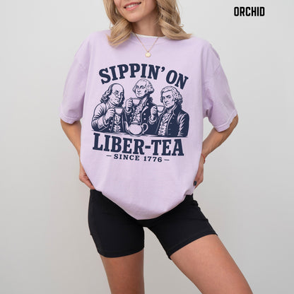 George Washington Sippin On Liber-Tea T-Shirt, Funny Patriotic Tea Party Shirt, 4th of July Tee, Founding Fathers T Shirt, Liberty Pun Tee