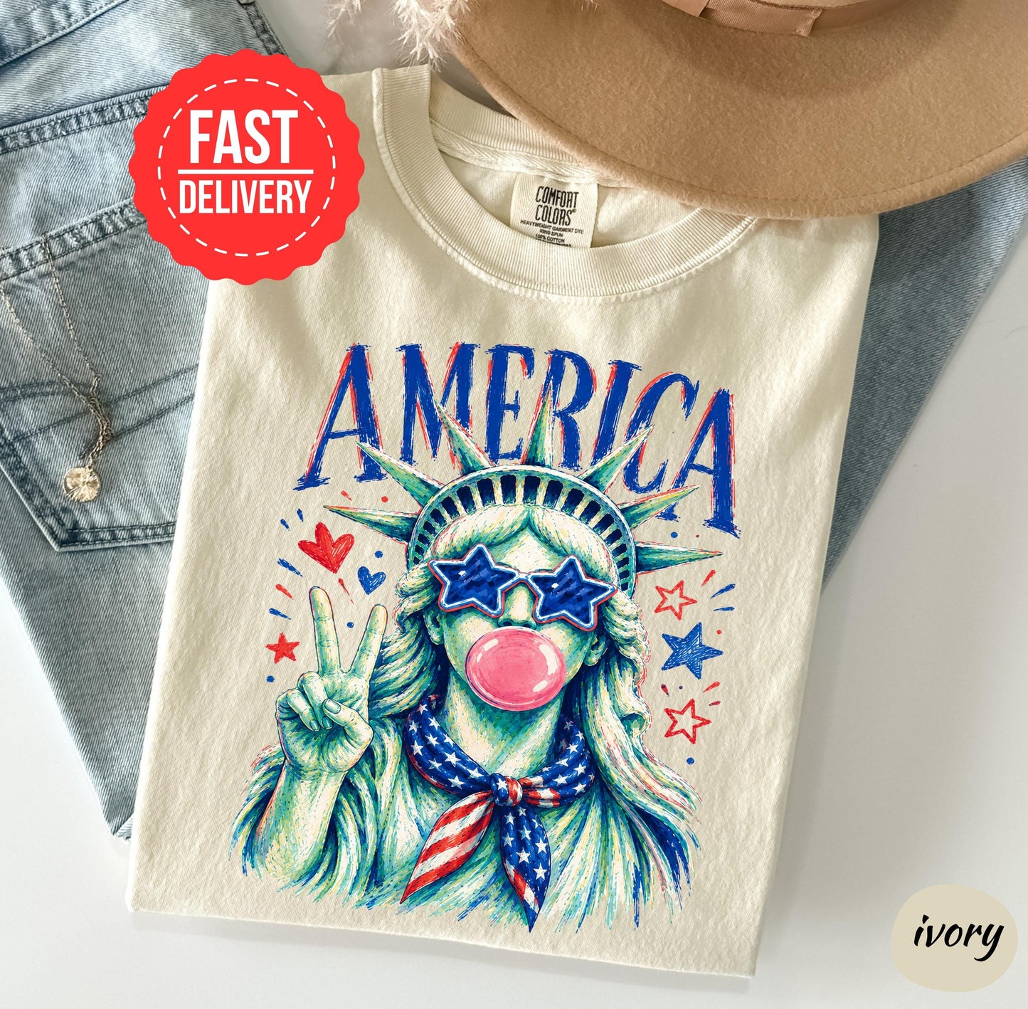 Comfort Colors Preppy Statue of Liberty Blowing Bubble Gum Shirt, 4th of July Shirts