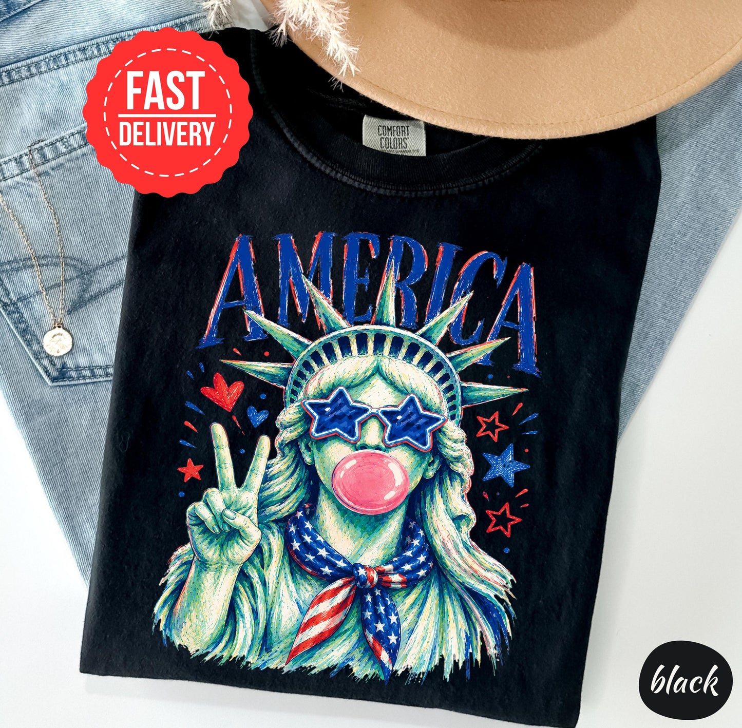 Comfort Colors Preppy Statue of Liberty Blowing Bubble Gum Shirt, 4th of July Shirts