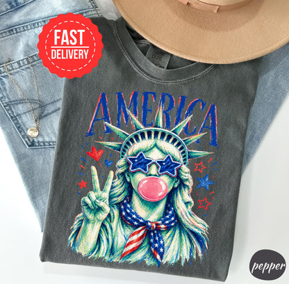 Comfort Colors Preppy Statue of Liberty Blowing Bubble Gum Shirt, 4th of July Shirts
