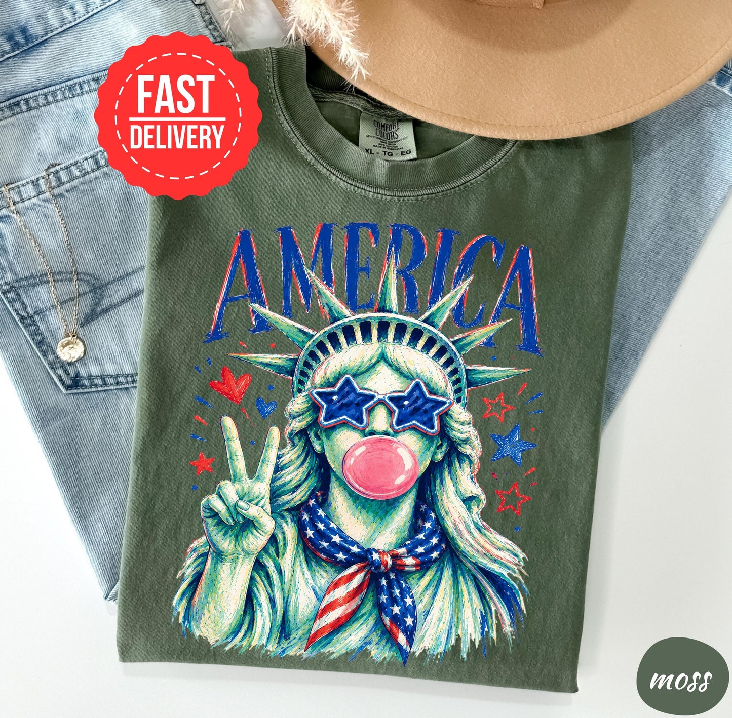 Comfort Colors Preppy Statue of Liberty Blowing Bubble Gum Shirt, 4th of July Shirts