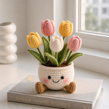 Crochet Flower Pot Set with Mushroom Sunflower Lavender Strawberry Rose Tulip Designs