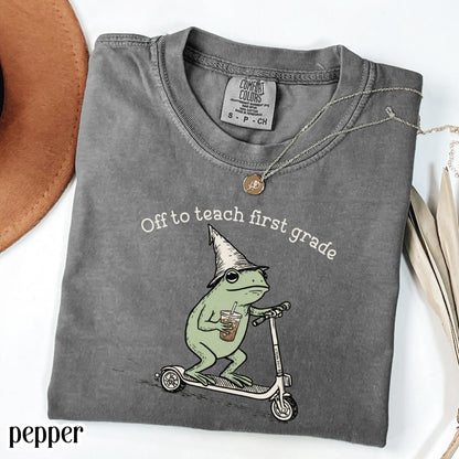 Comfort Colors® First Grade Shirt 1st Grade Teacher Back to School T-shirt Silly Off To Teach Frog Iced Coffee Tee Cute Elementary Teacher