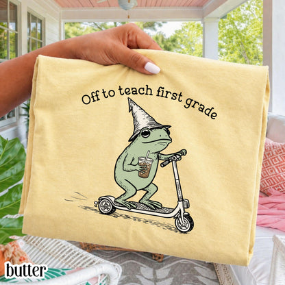 Comfort Colors® First Grade Shirt 1st Grade Teacher Back to School T-shirt Silly Off To Teach Frog Iced Coffee Tee Cute Elementary Teacher
