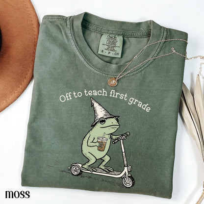 Comfort Colors® First Grade Shirt 1st Grade Teacher Back to School T-shirt Silly Off To Teach Frog Iced Coffee Tee Cute Elementary Teacher