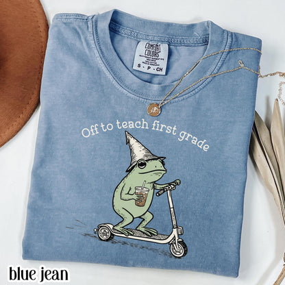Comfort Colors® First Grade Shirt 1st Grade Teacher Back to School T-shirt Silly Off To Teach Frog Iced Coffee Tee Cute Elementary Teacher