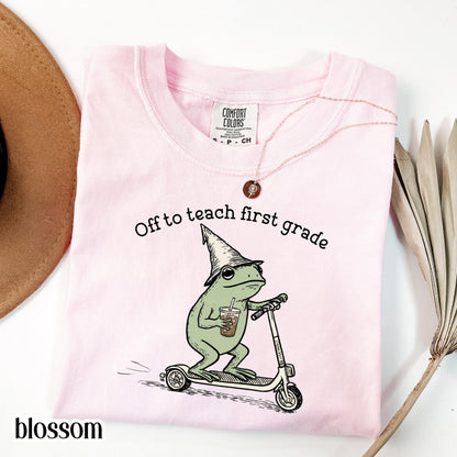 Comfort Colors® First Grade Shirt 1st Grade Teacher Back to School T-shirt Silly Off To Teach Frog Iced Coffee Tee Cute Elementary Teacher