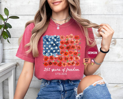 Comfort Colors® Patriotic Floral USA Shirt, America 250th Anniversary Tee, 1776-2026 4th of July Matching Family Outfit Shirt