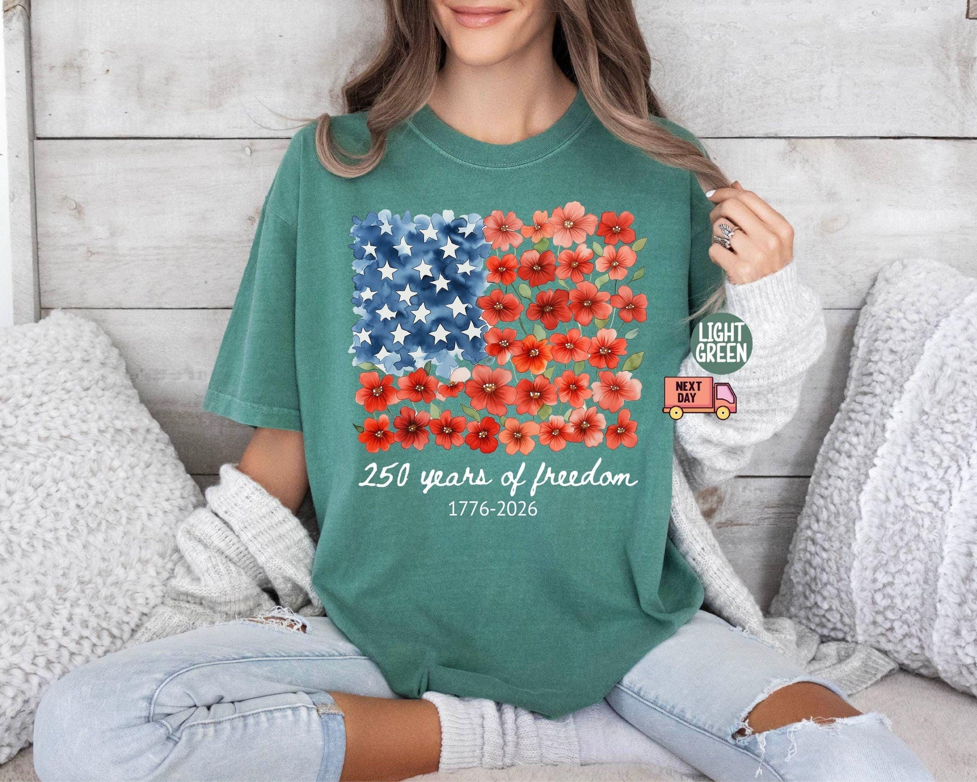 Comfort Colors® Patriotic Floral USA Shirt, America 250th Anniversary Tee, 1776-2026 4th of July Matching Family Outfit Shirt
