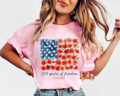 Comfort Colors® Patriotic Floral USA Shirt, America 250th Anniversary Tee, 1776-2026 4th of July Matching Family Outfit Shirt